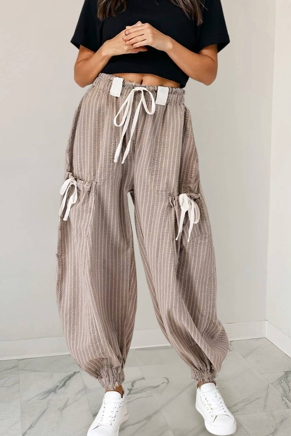 Stripe Drawstring Pocket Lantern Pants