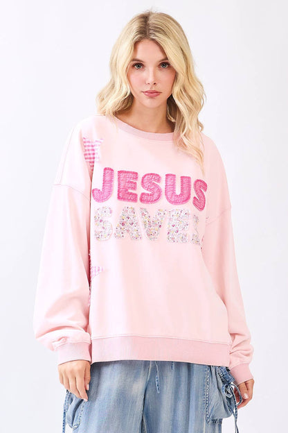 JESUS SAVES PATCHWORK CREW NECK SWEATSHIRT