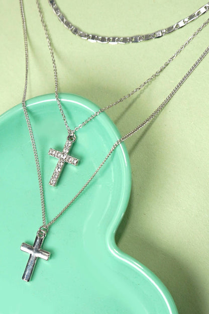 MULTI LAYER DOUBLE CROSS RHINESTONE NECKLACE
