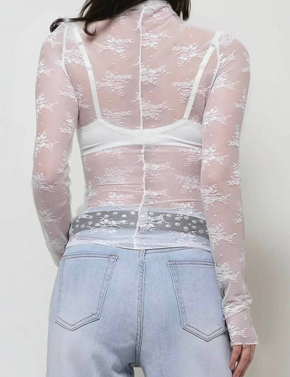 Layering Floral Lace See Through Mesh Top White