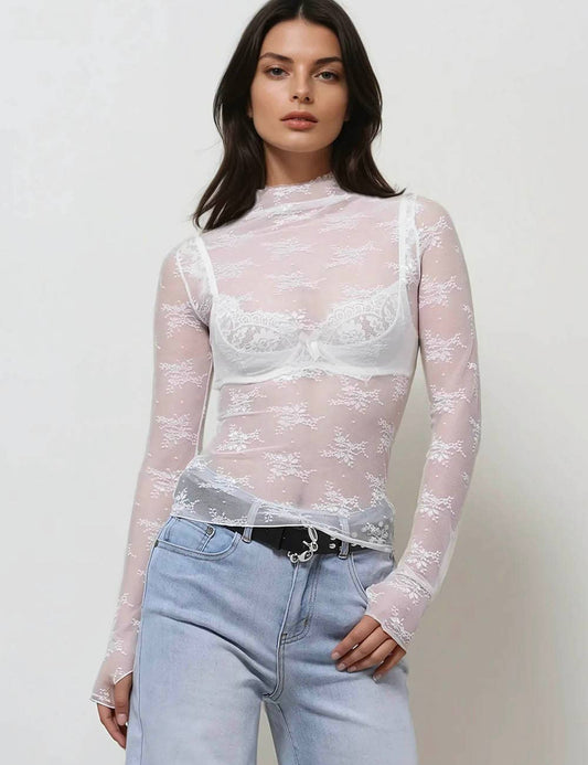 Layering Floral Lace See Through Mesh Top White