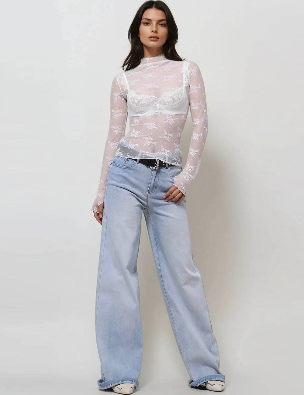 Layering Floral Lace See Through Mesh Top White