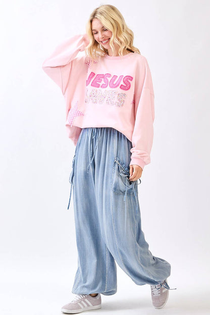 JESUS SAVES PATCHWORK CREW NECK SWEATSHIRT