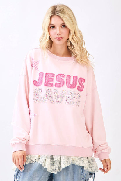 JESUS SAVES PATCHWORK CREW NECK SWEATSHIRT